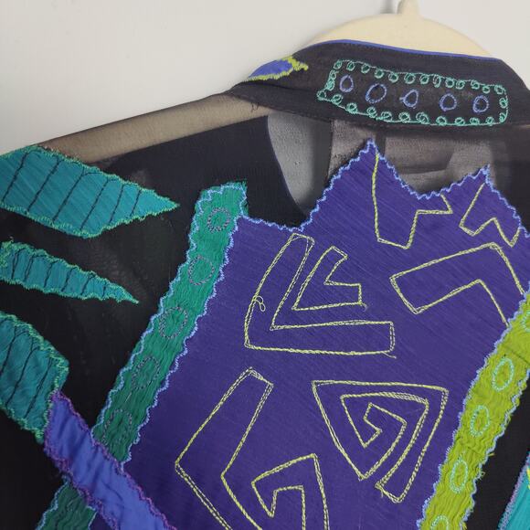 Vintage Chico's Women's Sz 2 (L) Green Blue Silk Jacket Geometric Art to Wear - Picture 6 of 7